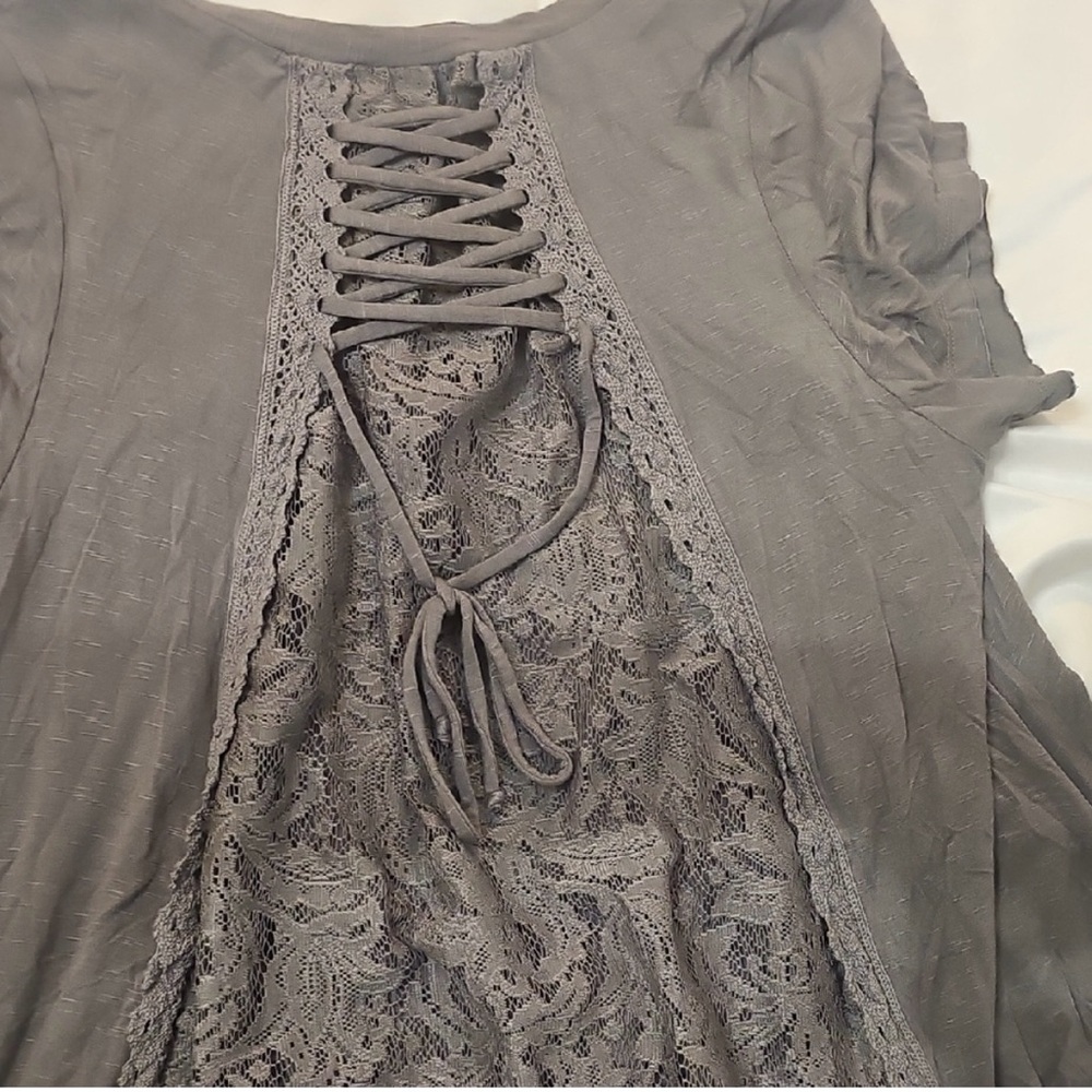 Knox Rose Gray Lace Tie back Short Sleeve Shirt Women’s L EUC - Picture 4 of 9